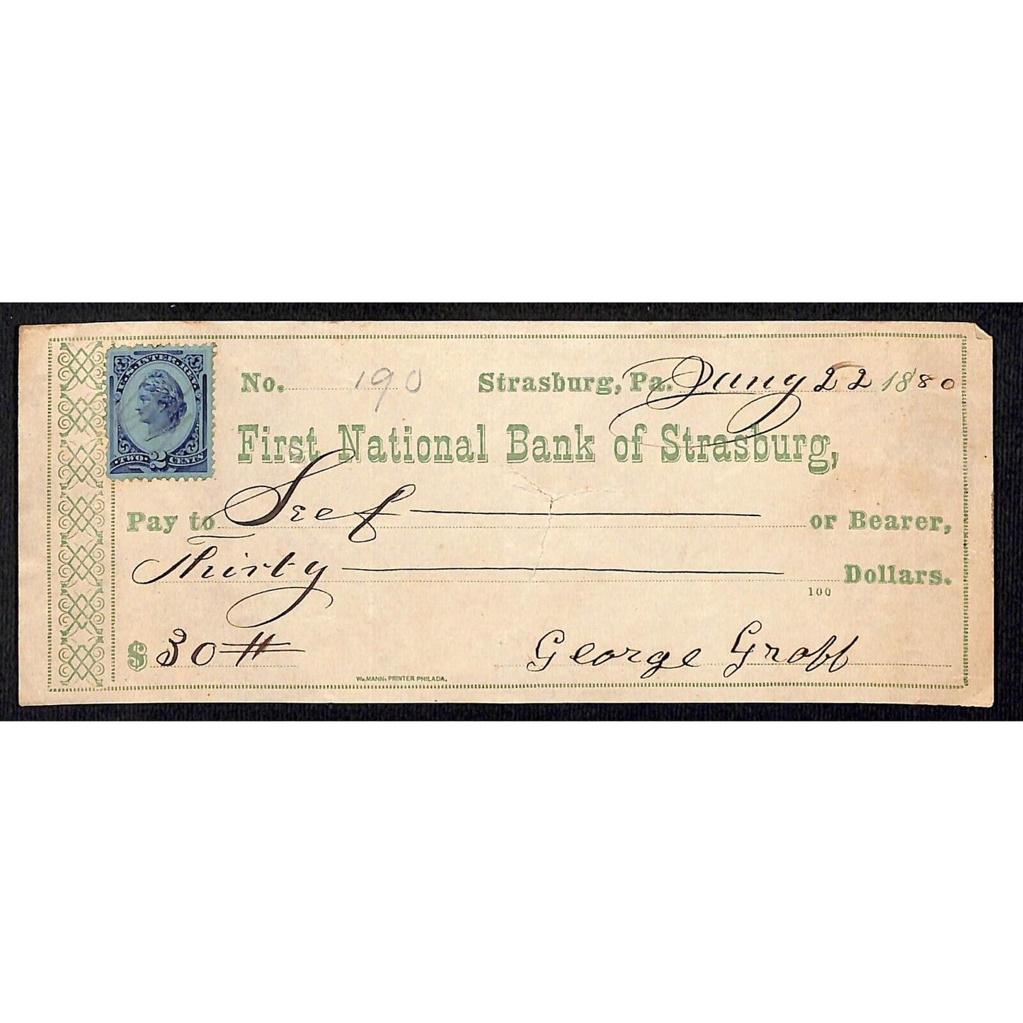 First National Bank of Strasburg, PA George Groff 1880 Bank Check