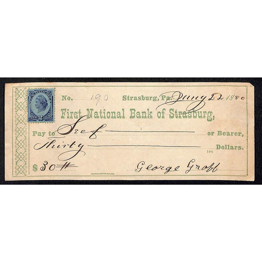 First National Bank of Strasburg, PA George Groff 1880 Bank Check