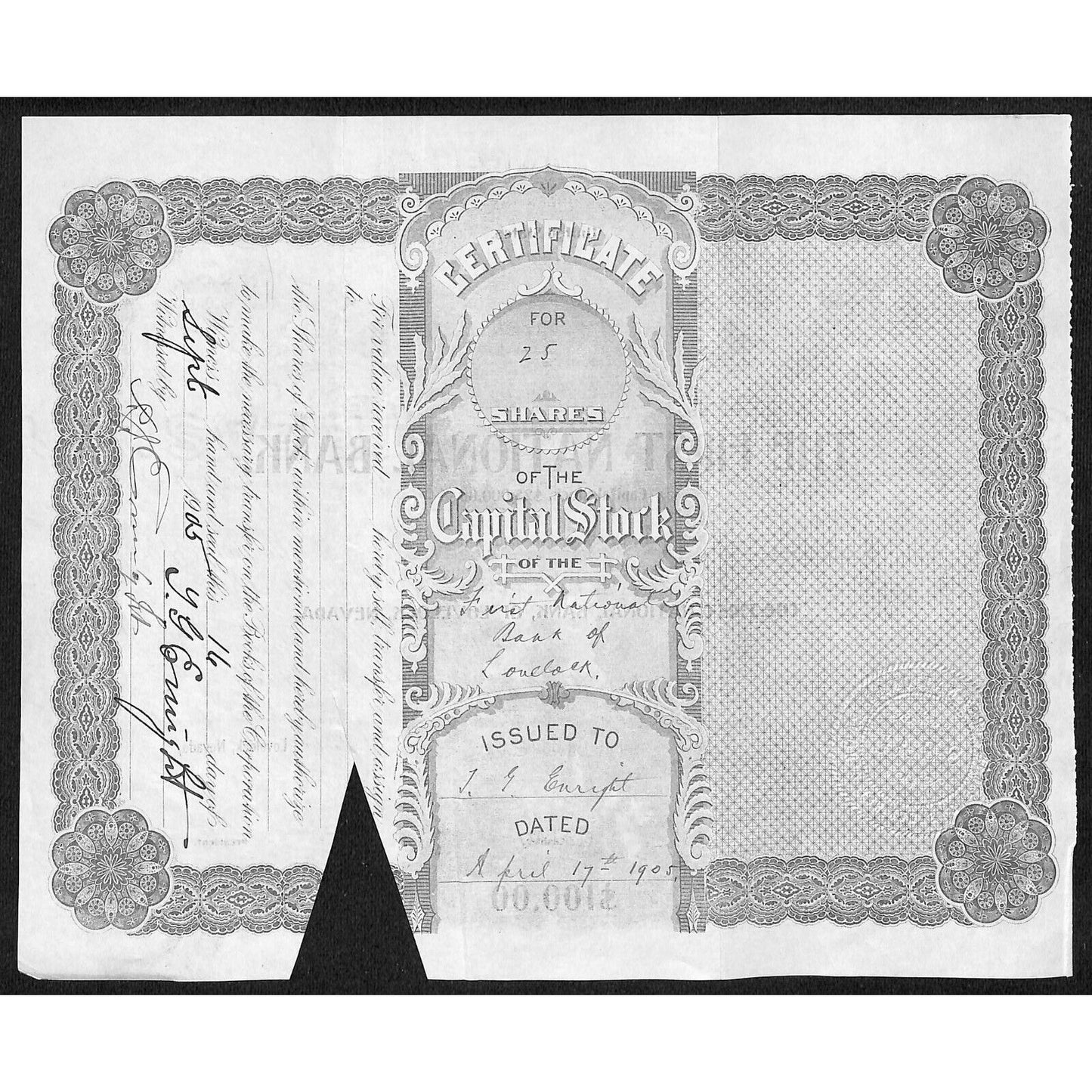 First National Bank of Lovelock, NV 1905 Stock Certificate to P.J. Enright * #20
