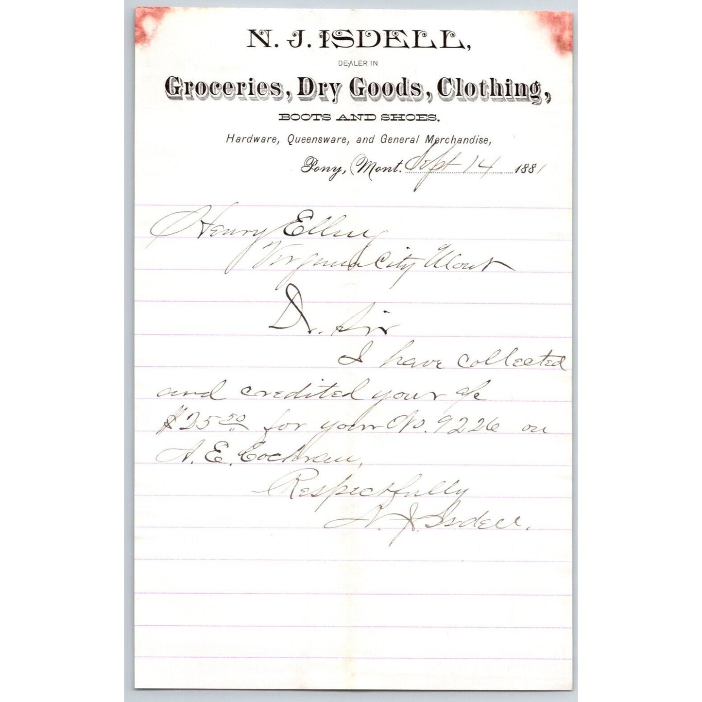 N.J. Isdell Pony, MT Dry Goods 9/14 1881 Credit Advice Billhead Henry Elling*