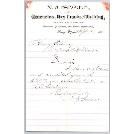 N.J. Isdell Pony, MT Dry Goods 9/14 1881 Credit Advice Billhead Henry Elling*