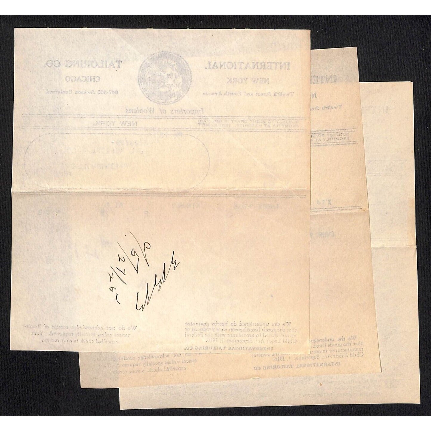 International tailoring Co. 12th St. & Fourth Ave NYC 1925 3 Billheads + Cover