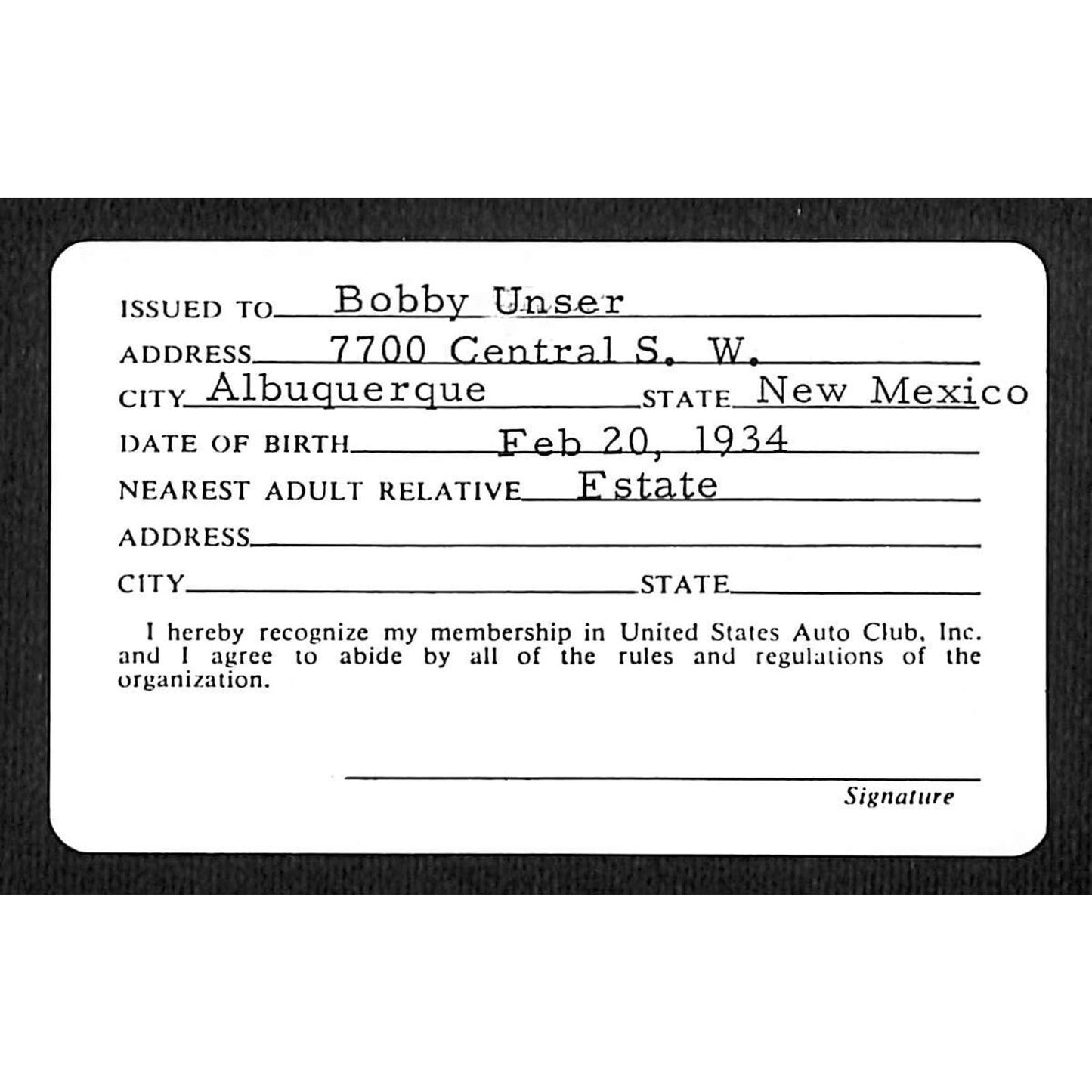Bobby Unser's 1971 USAC Dirt Track Car Driver Member Card VGC - Unser's Estate