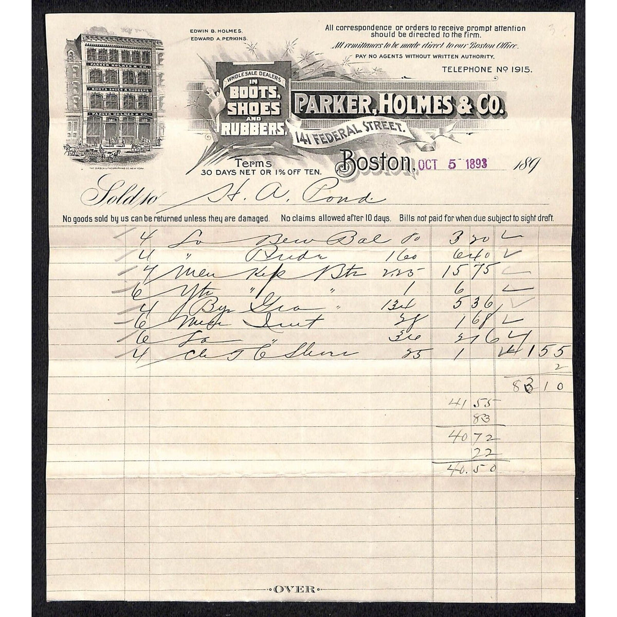Parker, Holmes & Co. Boston Boots 1893 Billhead to H.A. Pond East Berkshire, VT