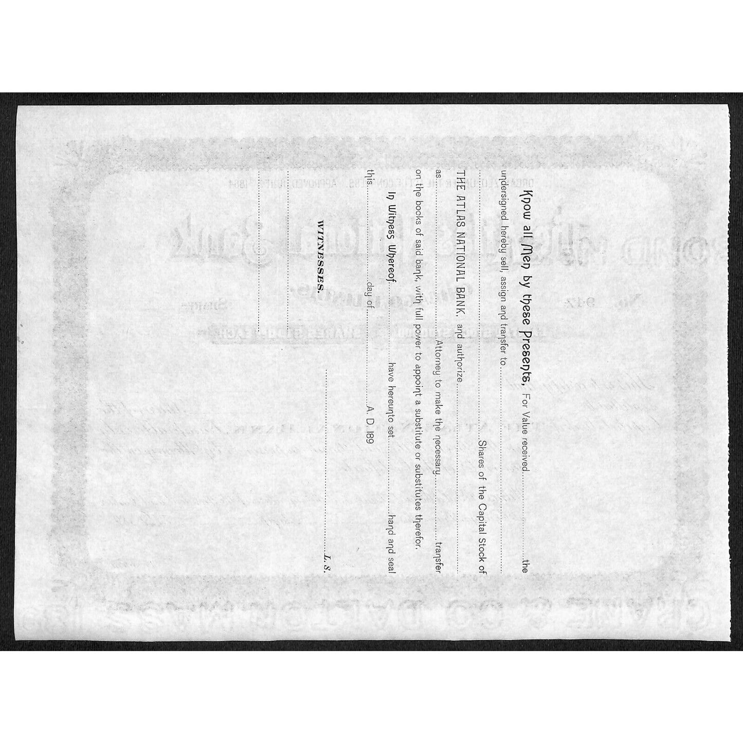 Atlas National Bank Chicago 1890's 189x Stock Certificate Unissued #947