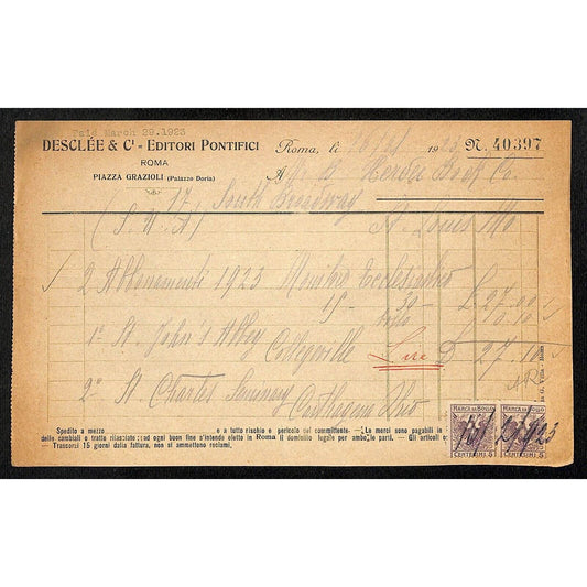Desclée & Compagnie Rome Pontifical Publishers 1923 Italian Billhead Tax Stamps