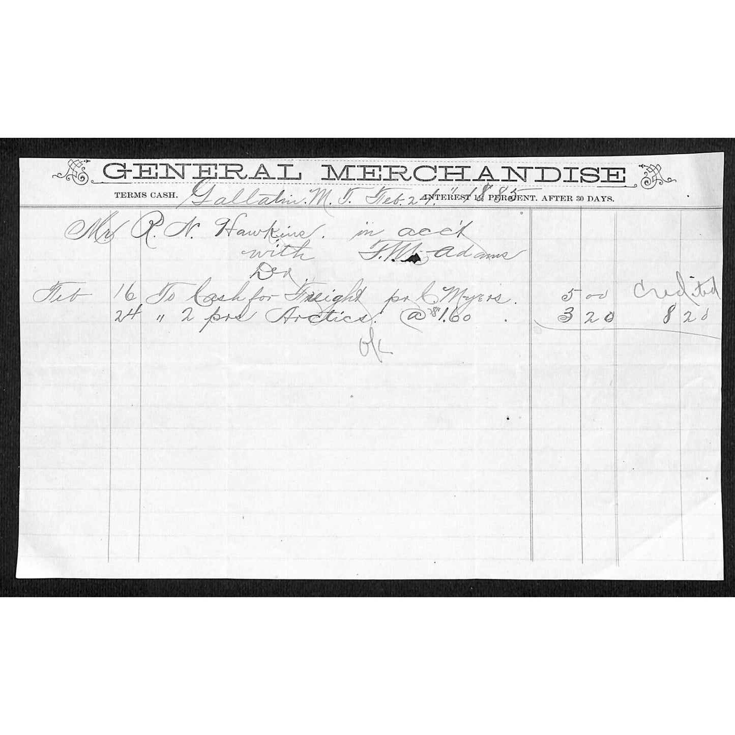Gallatin, MT General Merchandise 1885 Billhead to R.W. Hawkins ?