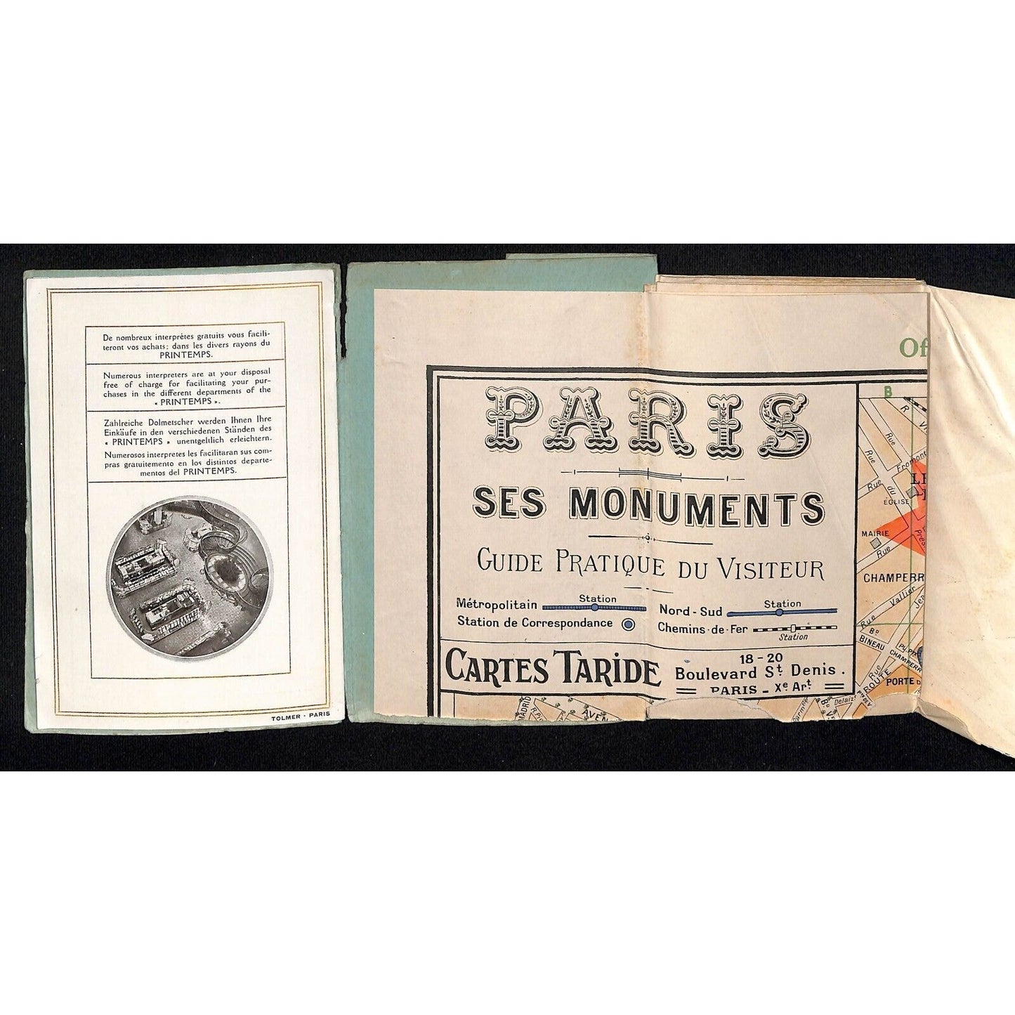 Printemps Department Stores w/ 22" x 28" Paris Monuments & Guide Map c1925