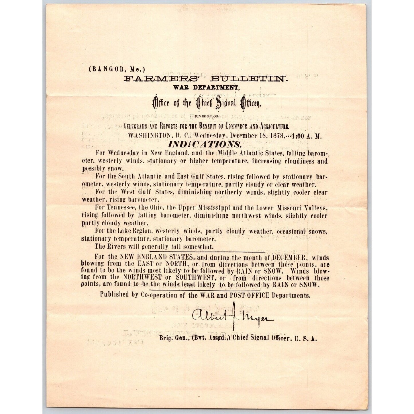 Bangor, ME Chief Signal Office, War Department Farmers' Bulletin - Dec. 18, 1878