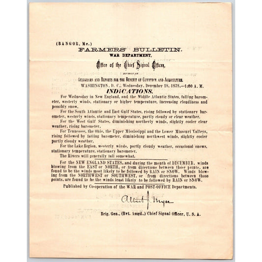 Bangor, ME Chief Signal Office, War Department Farmers' Bulletin - Dec. 18, 1878
