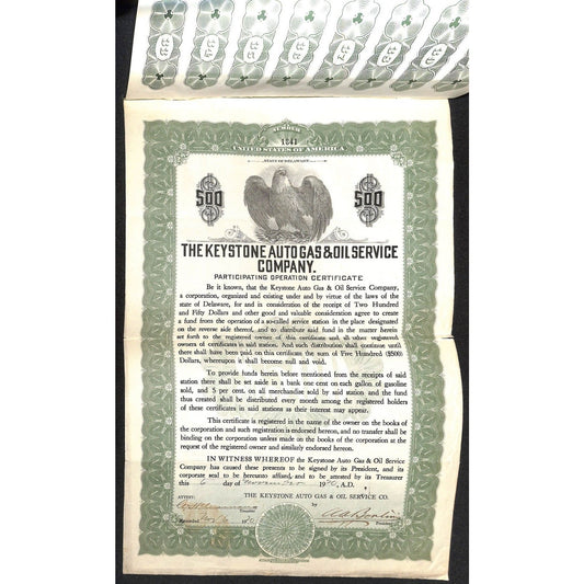 Keystone Auto Gas & Oil Service Ebensburg, PA 1929 Certificate w/ Coupons #25-40