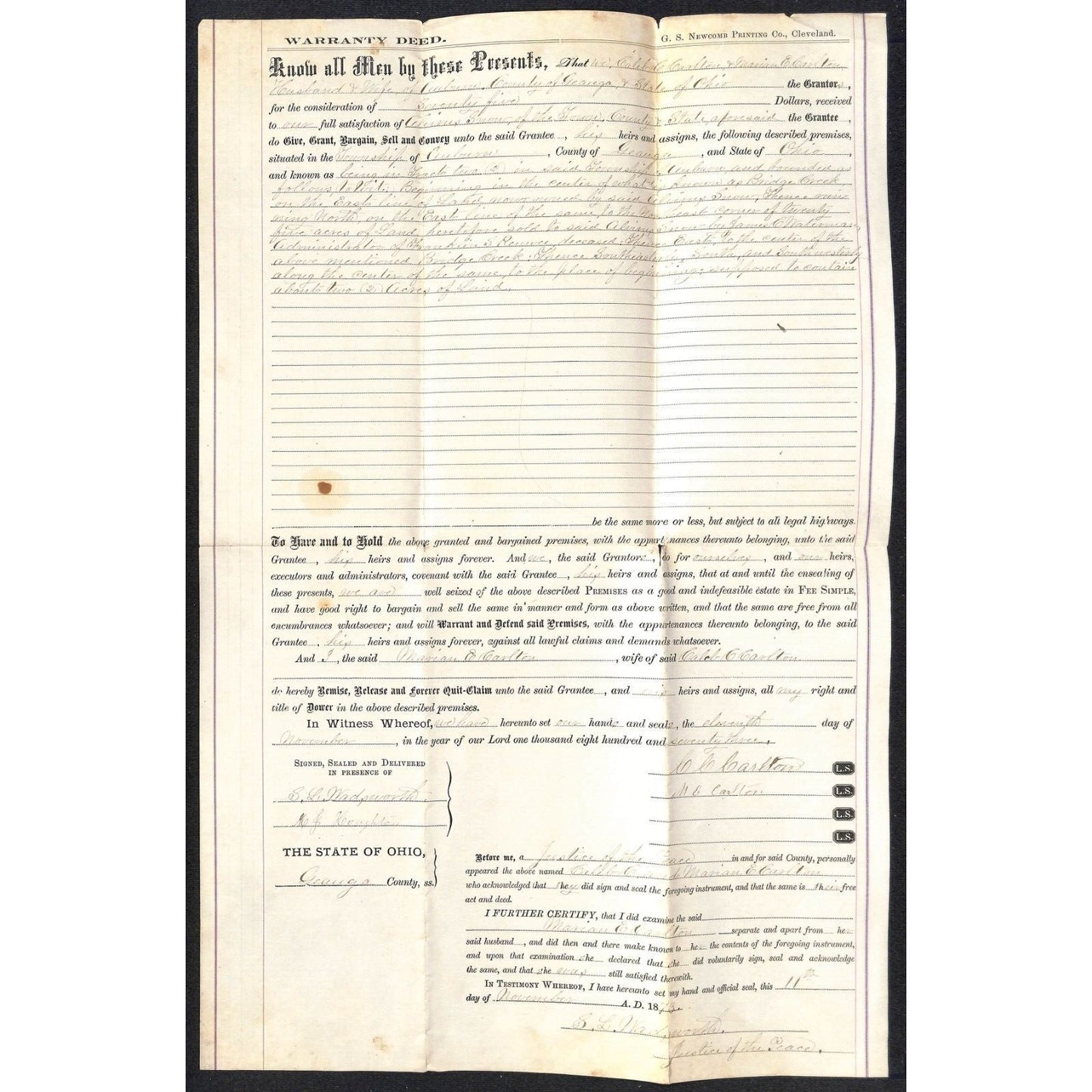 1874 Warranty Deed Caleb C. Carlton to A. Snow Geauga County Auburn, OH