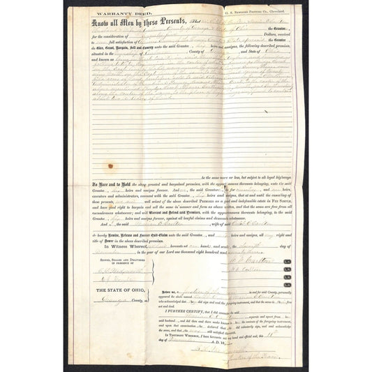 1874 Warranty Deed Caleb C. Carlton to A. Snow Geauga County Auburn, OH