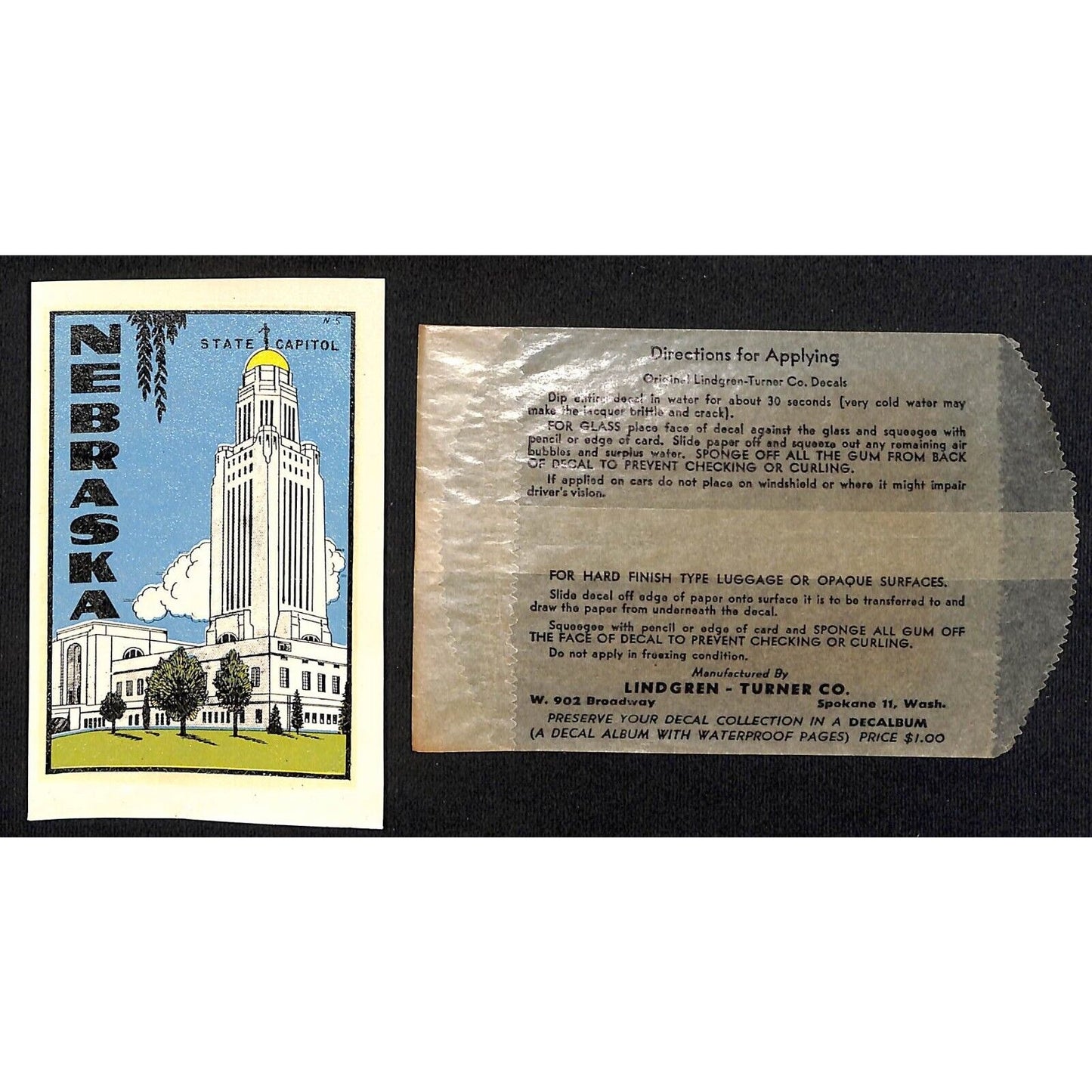 Nebraska State Capitol Water Transfer Decal Travel Souvenir w/ Sleeve c1950's