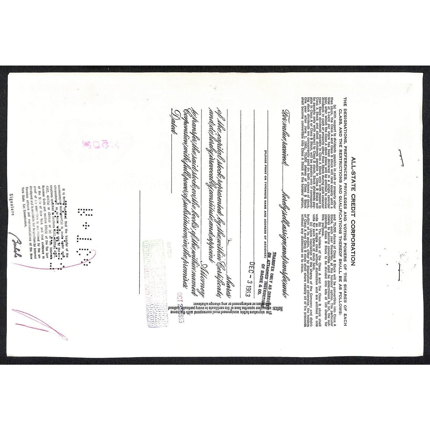 All State Credit Corporation NY 1963 Stock Certificate Bache & Co.