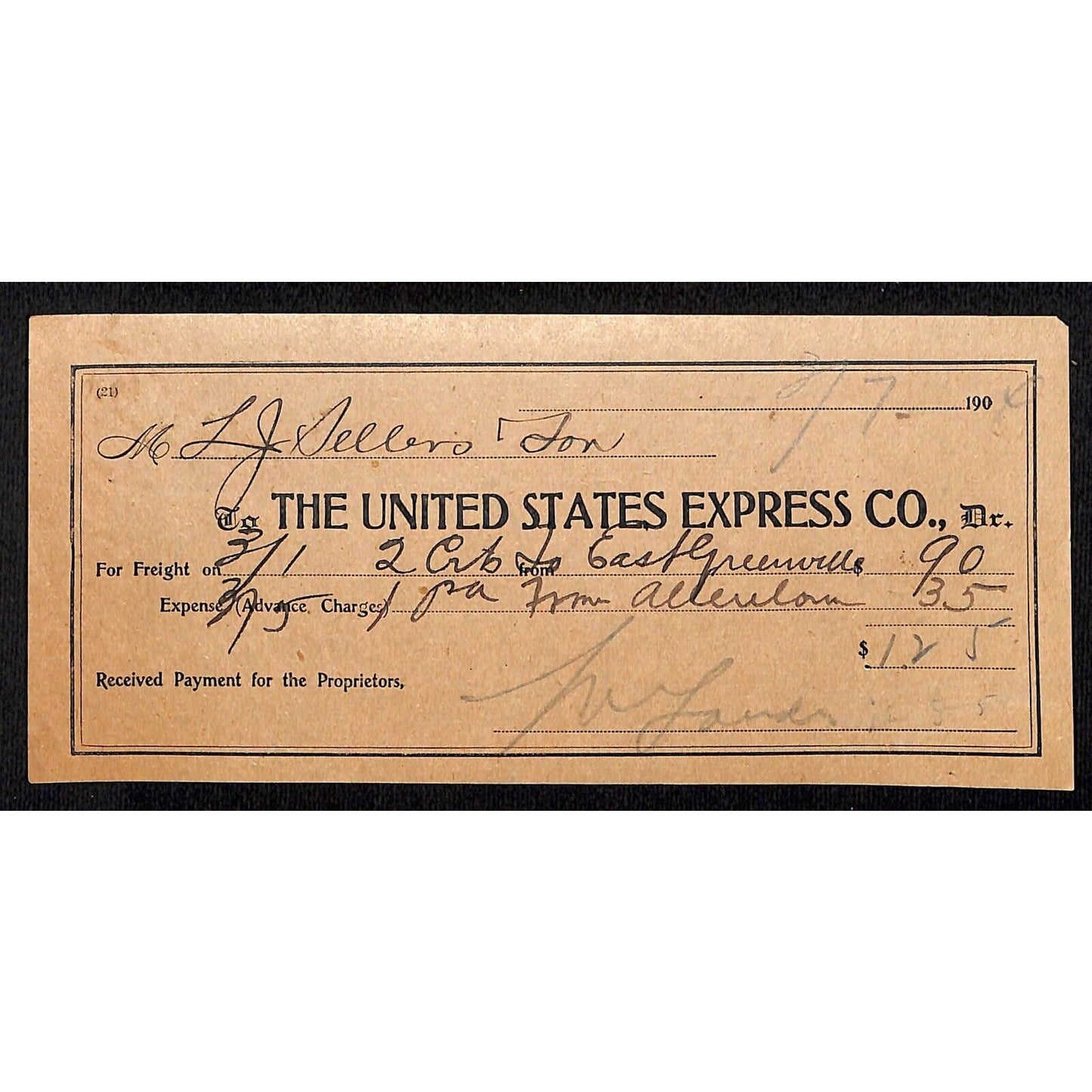 United States Express Co. 1900 Waybill / Freight Payment Receipt