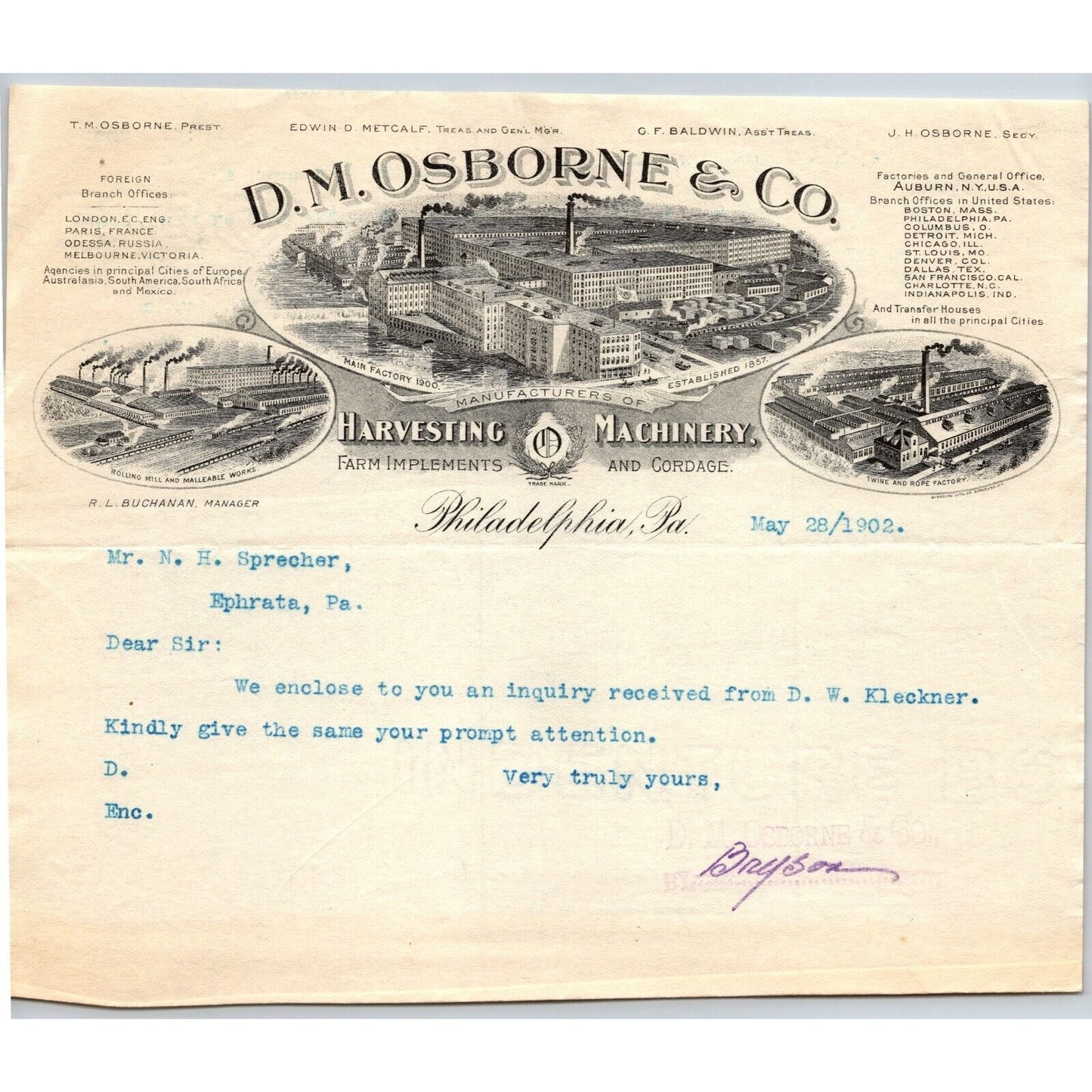 D.M. Osborne & Co. (IH*) Harvesting Machinery Phila. May 28 1902 Letterhead