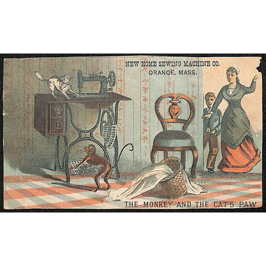 New Home Sewing Machine Co. Victorian Trade Card Monkey Sews Cat's Paw - Ouch!