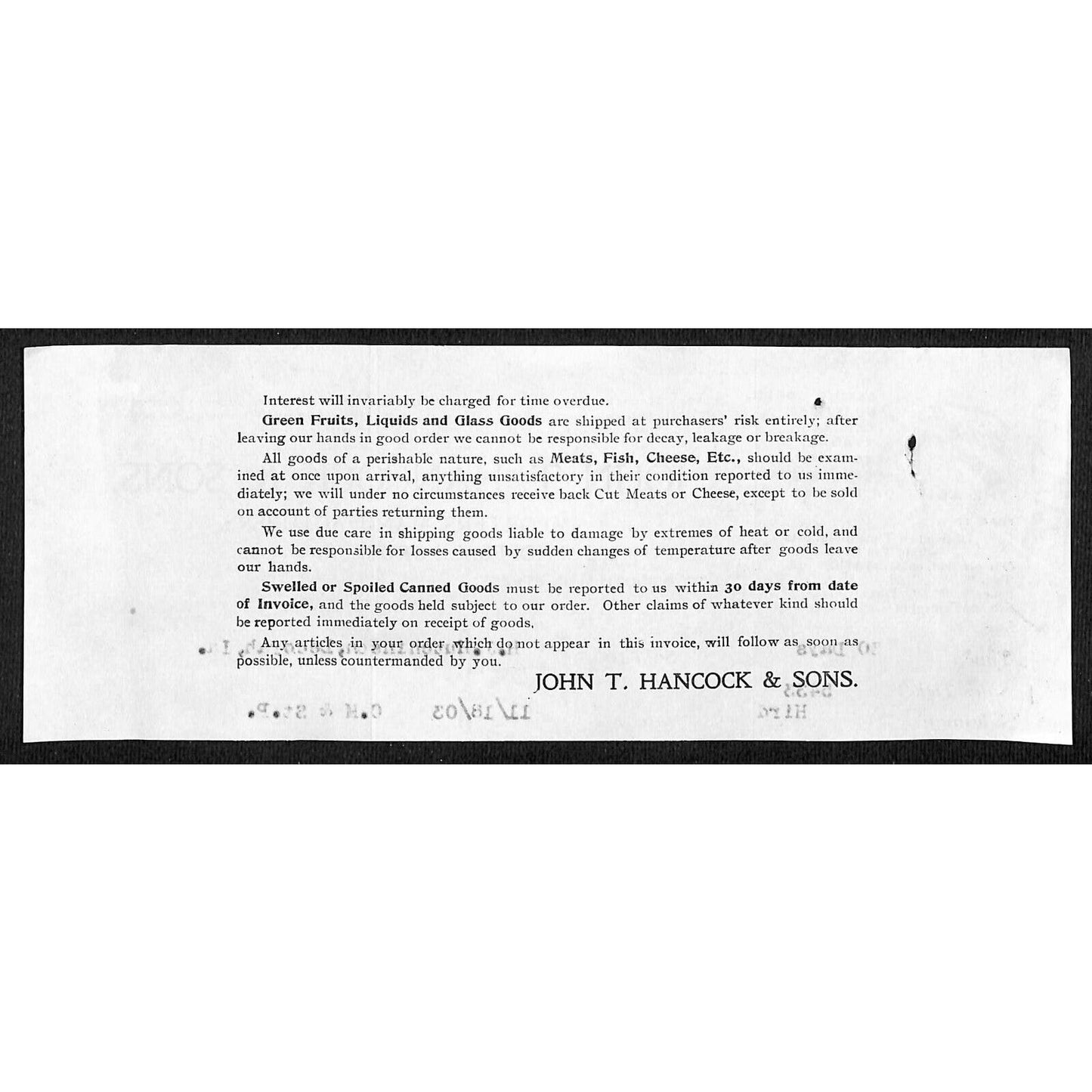 John T Hancock & Sons Dubuque Grocers Hutchinson Decorah* 1/18 1903 Cut Billhead