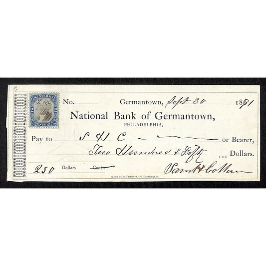 National Bank of Germantown 1871 $250 Samuel H Collum ? Bank Check w/ Tax Stamp