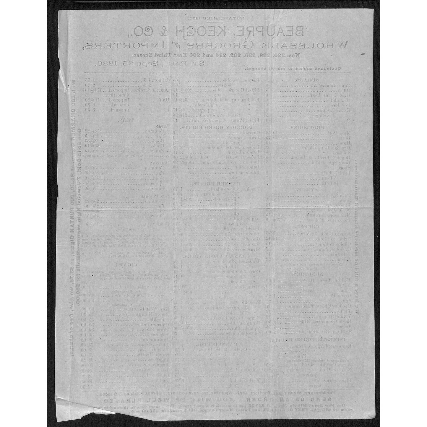 Beaupre, Keogh & Co. St. Paul, MN Whsle. Fruits Cigars 1886 Price Sheet Scarce