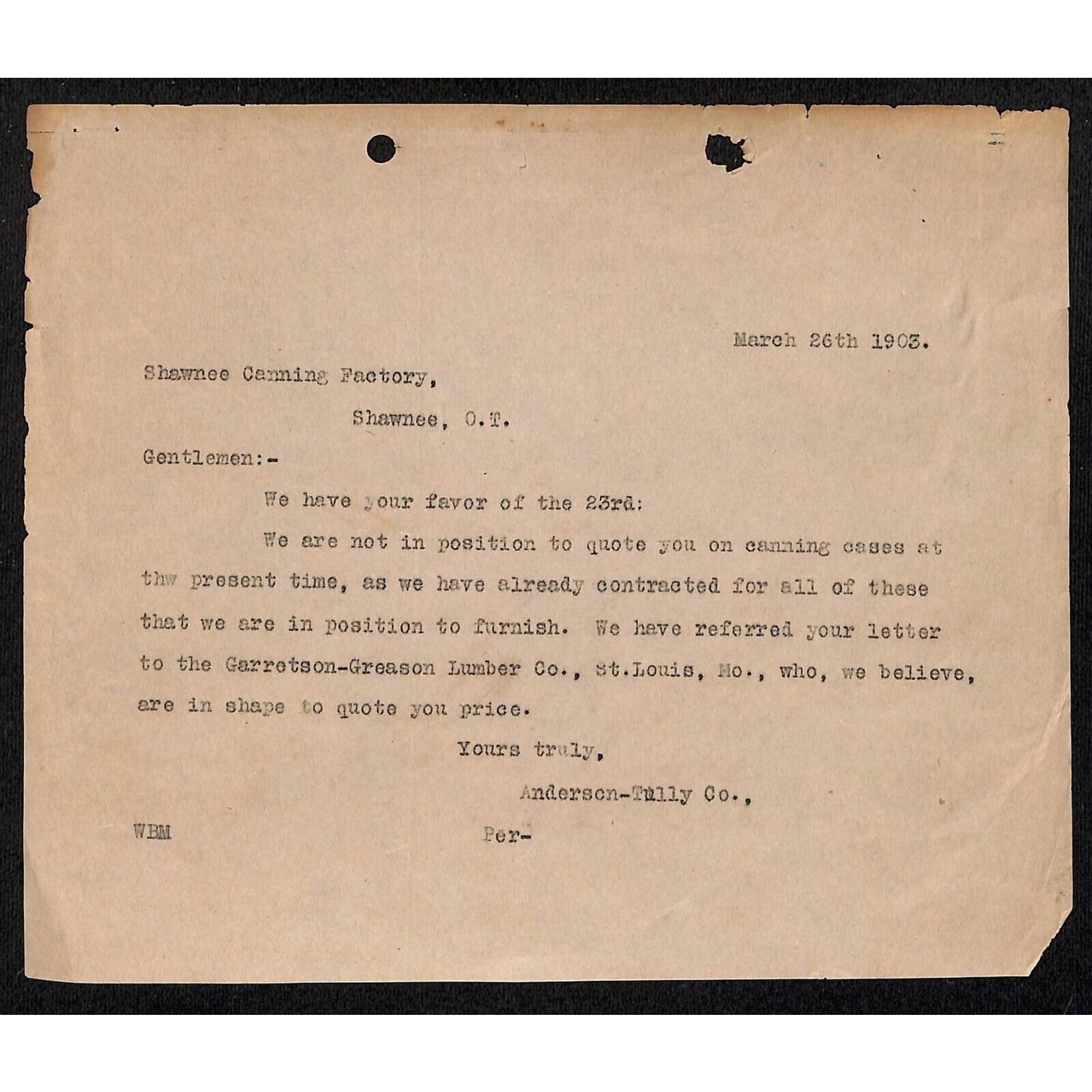 Anderson-Tully Co. / Shawnee Canning Co. Oklahoma Territory 1903 Letterhead
