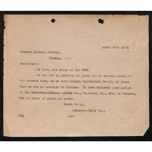 Anderson-Tully Co. / Shawnee Canning Co. Oklahoma Territory 1903 Letterhead