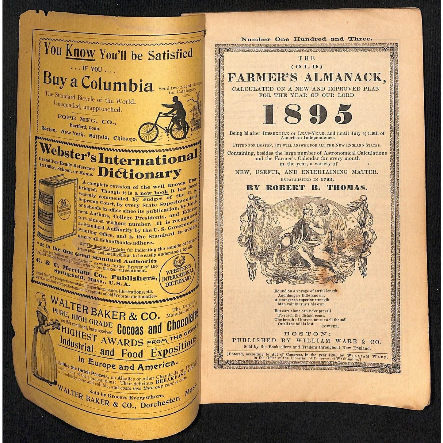 1895 Old Farmer's Almanac 48pp Geo. W. Armstrong, Boston / Arm & Hammer Ad
