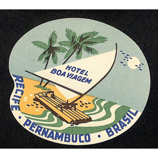 Hotel Boa Viagem Brazil c1960's Luggage Label Raft w/ Sail on Beach Shore VGC
