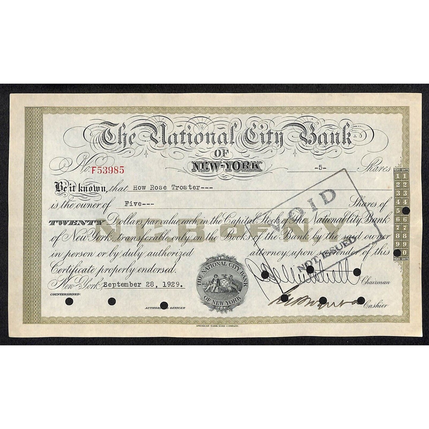 National City Bank of New York 1929 Stock Certificate to How Rose Troster