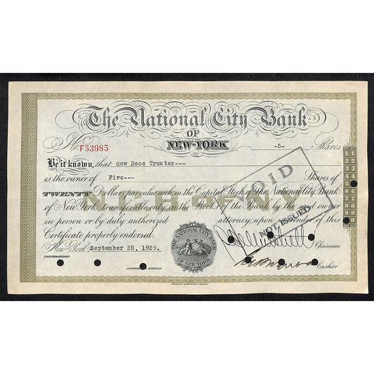 National City Bank of New York 1929 Stock Certificate to How Rose Troster