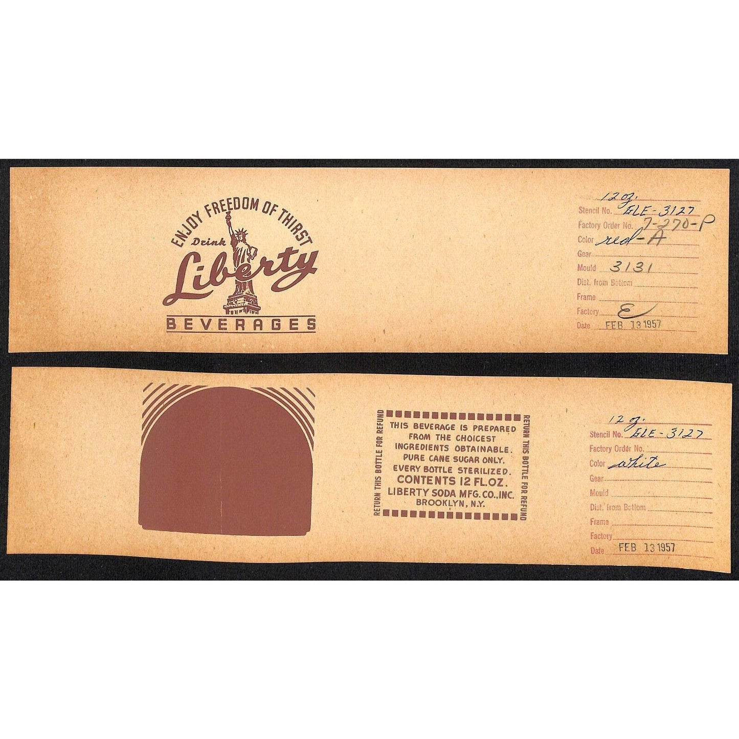 Liberty Beverages 1957 Brooklyn Statue ACL Bottle Printer's Stencil Mould Cards