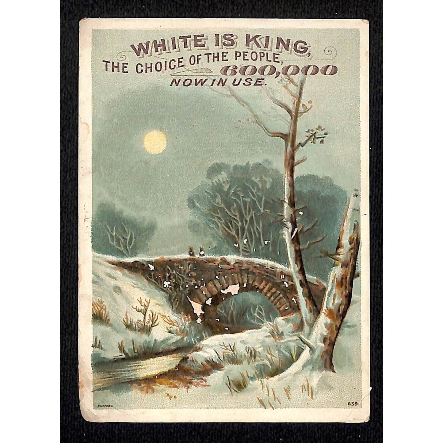 White Sewing Machine "White is King" Victorian Trade Card Winter Stone Bridge