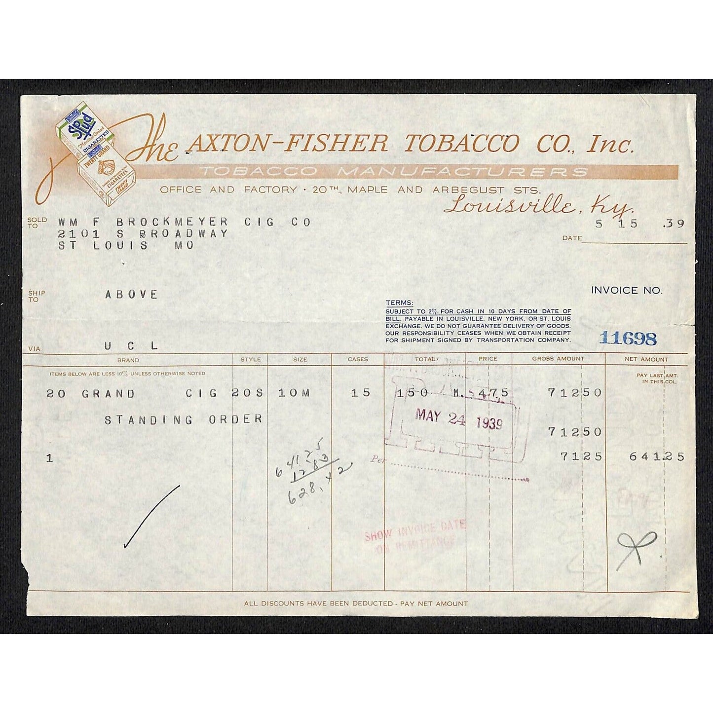 Louisville, KY The Axton-Fisher Tobacco Co. Spud Twenty Grand 5/15 1939 Billhead