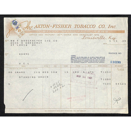 Louisville, KY The Axton-Fisher Tobacco Co. Spud Twenty Grand 5/15 1939 Billhead