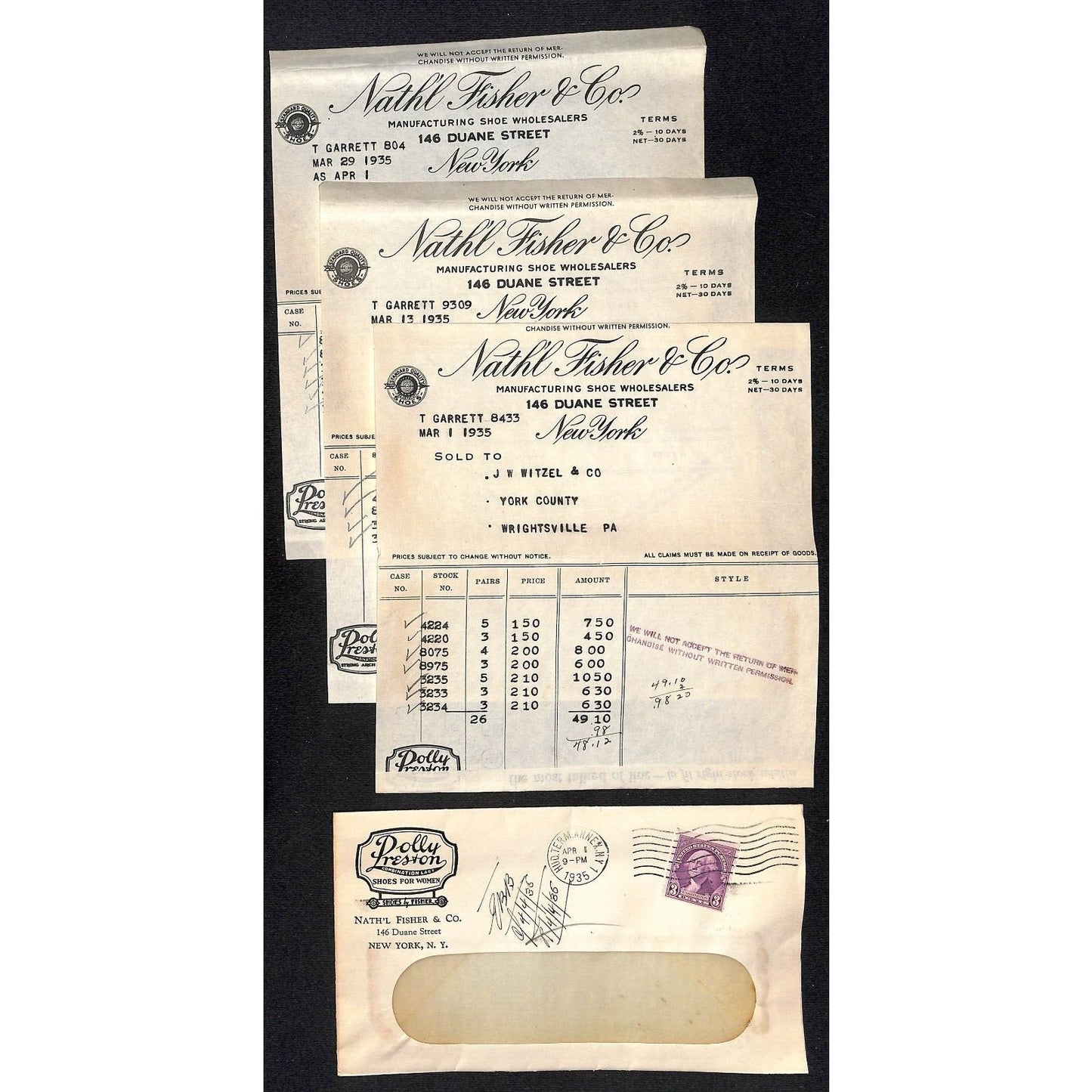 Dolly Preston Shoes / Nath'l Fisher & CO NYC / Weitzel 1935 Billheads + Cover