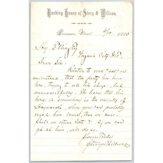 Banking House of Story & Nelson Bozeman, MT 6/12 1880 Letterhead Henry Elling*