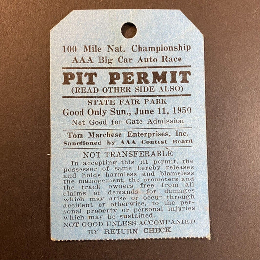 1950 AAA 100 Mile Nat. Championship Big Car Auto Race Pit Permit Stub