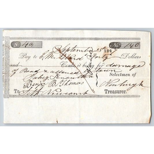 1847 Jabez Knowlton* Newburgh ME Town Check for Damage of Road + Allowed by Town