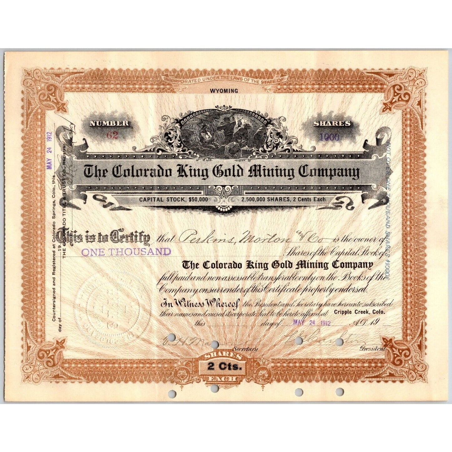 Colorado King Gold Mining Co 1912 Stock Certificate Cripple Creek District #62