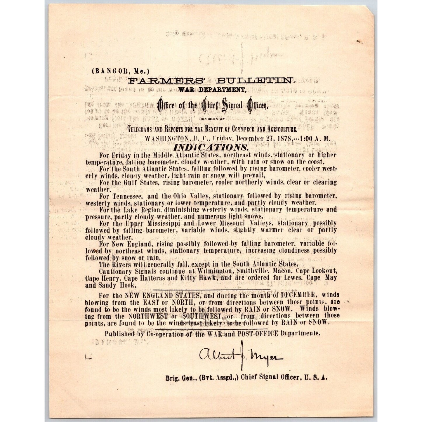 Bangor, ME Chief Signal Office, War Department Farmers' Bulletin - Dec. 27, 1878