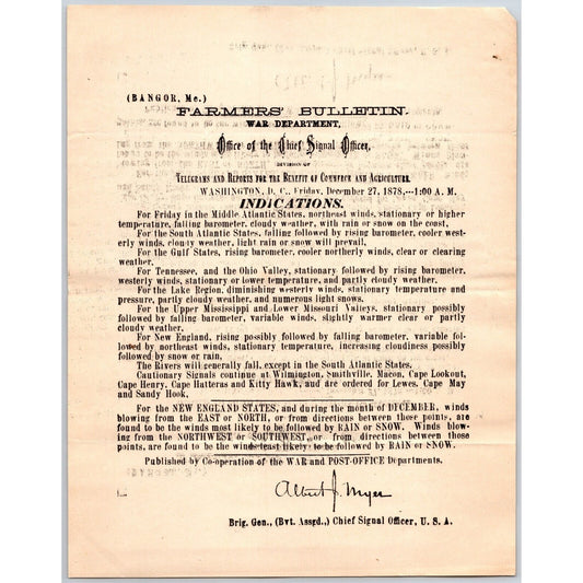 Bangor, ME Chief Signal Office, War Department Farmers' Bulletin - Dec. 27, 1878