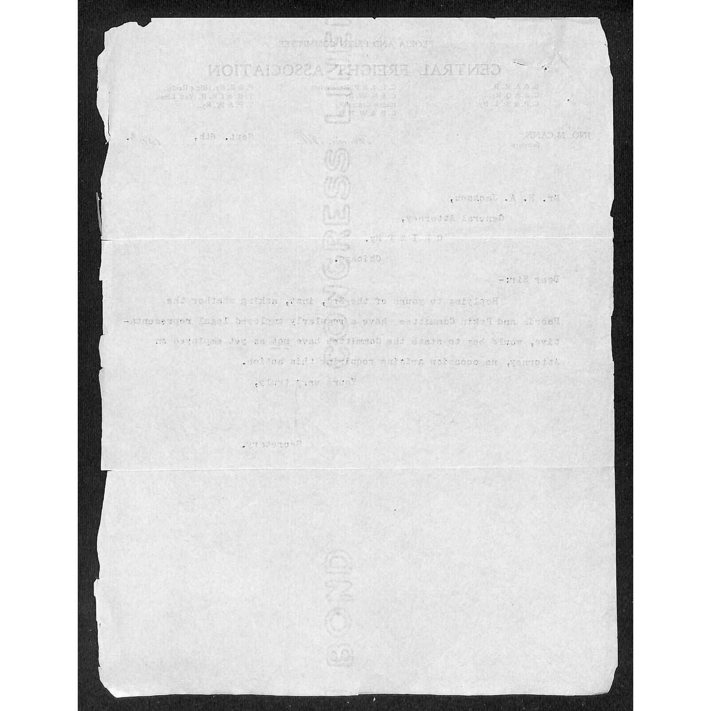 Central Freight Association 1904 Letterhead re: Peoria & Perkin Committee