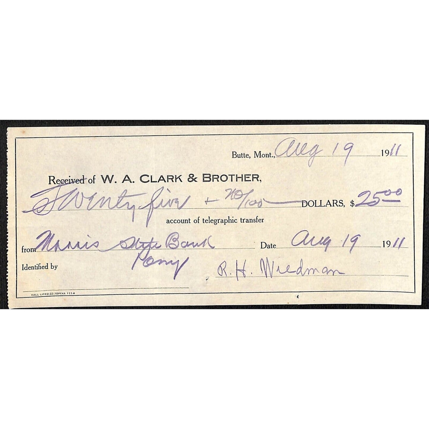 W.A. Clark & Brother 1911 $25 "Telephonic Transfer" Receipt Butte, MT 1911 VGC