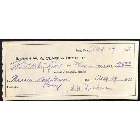 W.A. Clark & Brother 1911 $25 "Telephonic Transfer" Receipt Butte, MT 1911 VGC