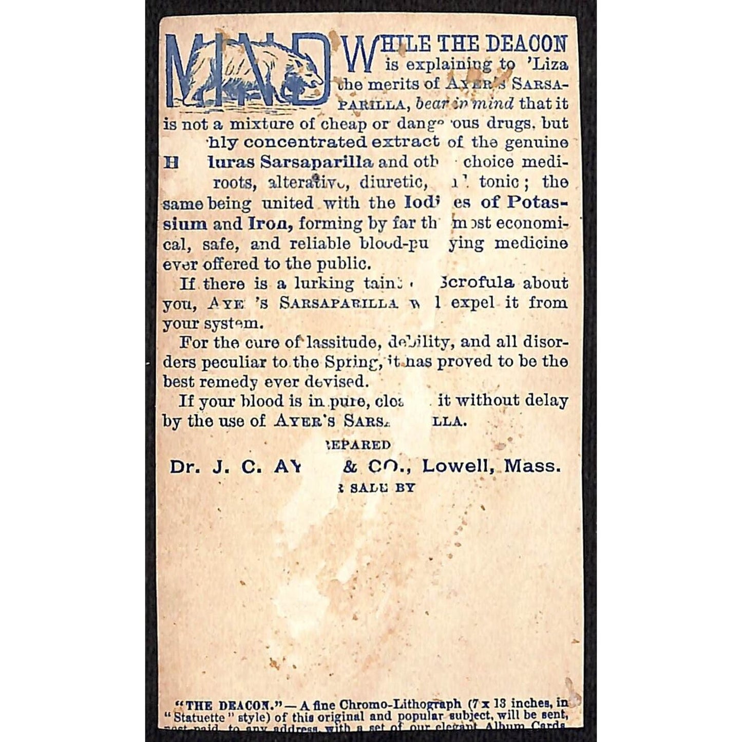 Ayer's Sarsaparilla "The Deacon" Victorian Trade Card Trimmed