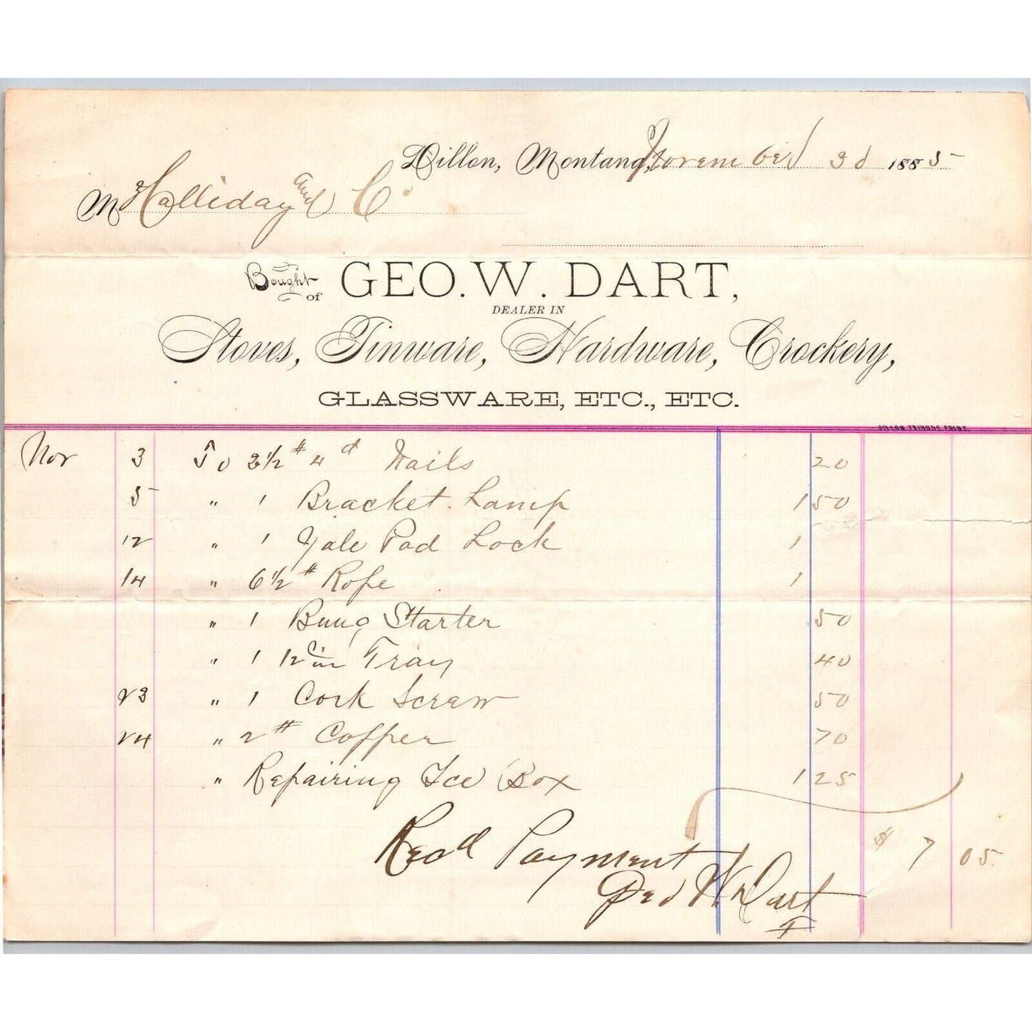 Dillon, MT Geo. W. Dart 1885 Billhead Glassware Tinware R.C. Halliday*