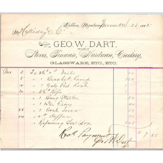 Dillon, MT Geo. W. Dart 1885 Billhead Glassware Tinware R.C. Halliday*