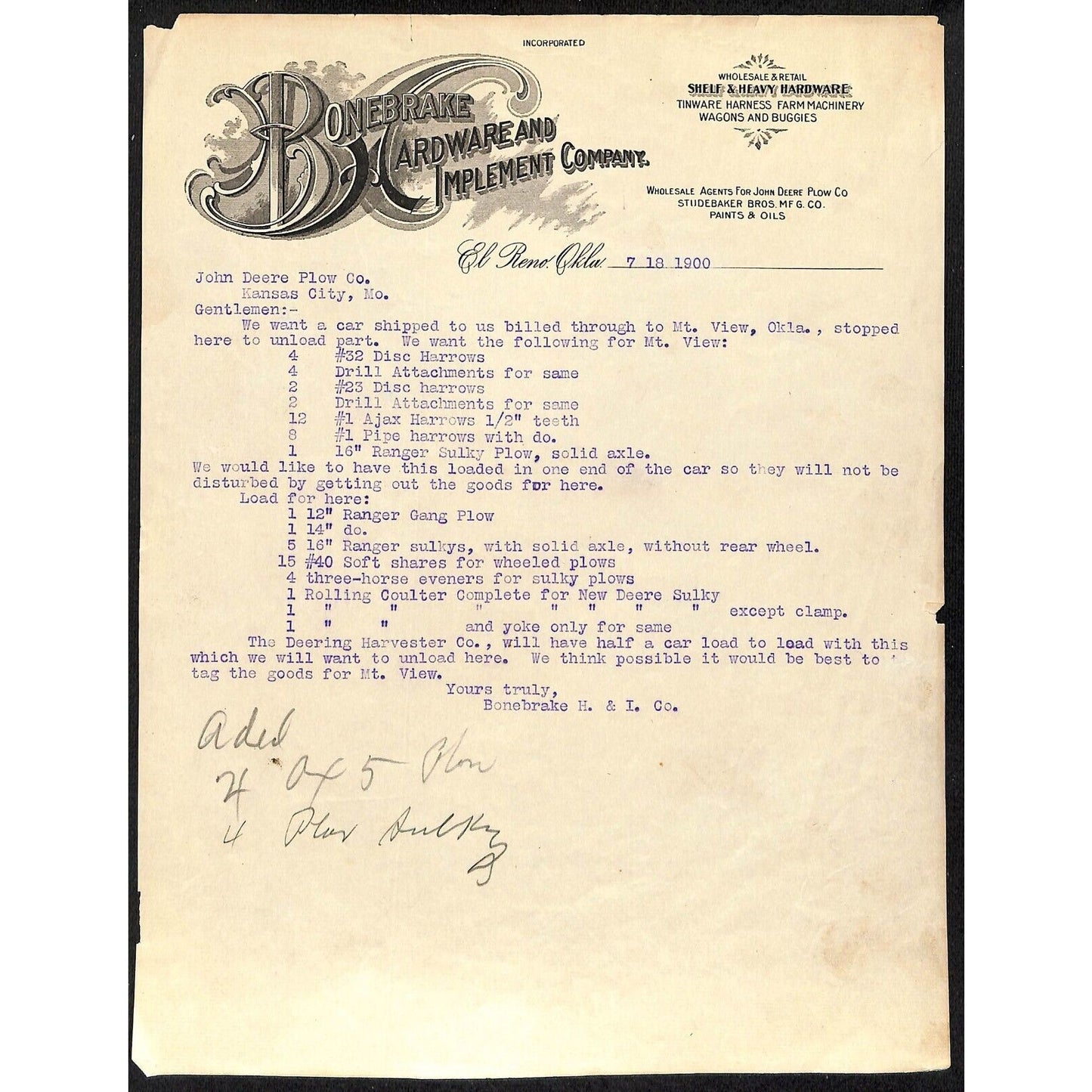 1900 Bonebreak Hardware and Implement Co. El Reno OK Indian Territory Letterhead
