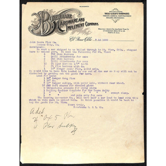 1900 Bonebreak Hardware and Implement Co. El Reno OK Indian Territory Letterhead